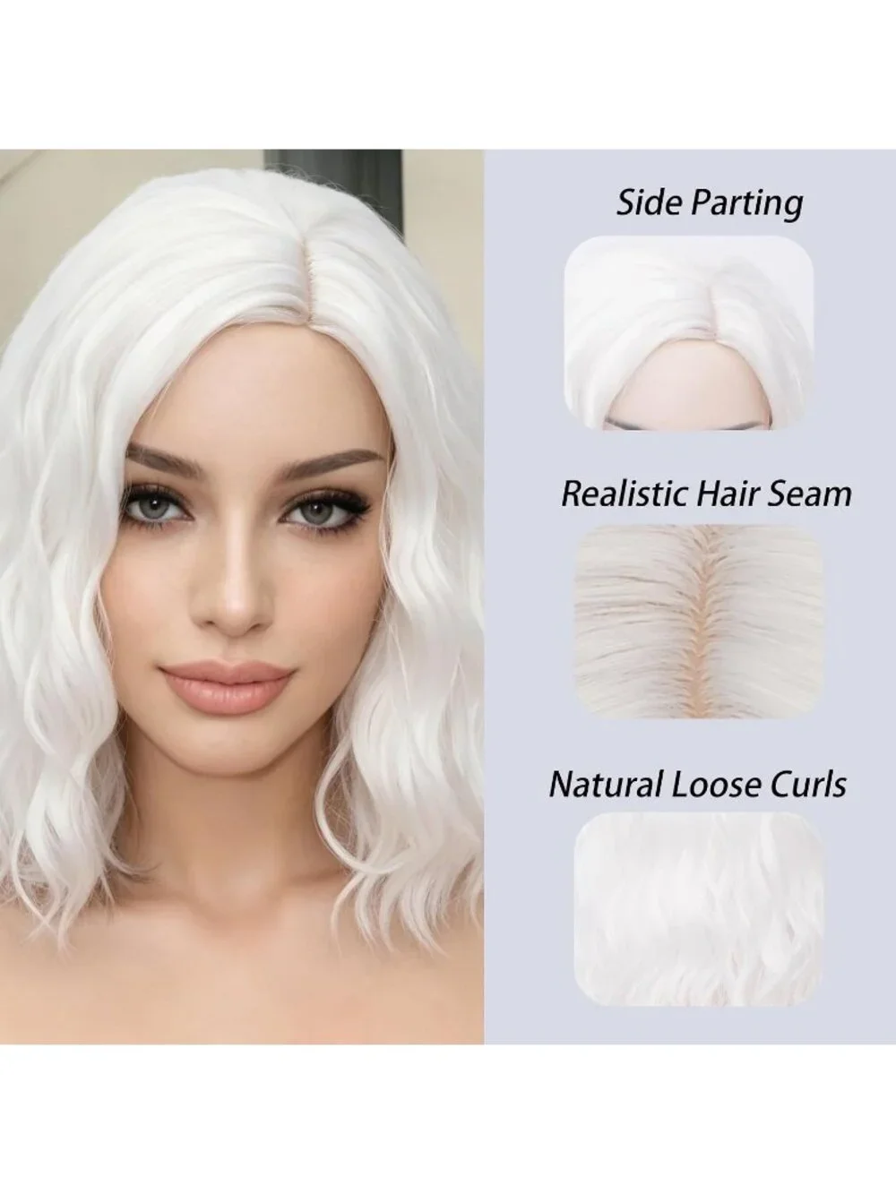 Women's 14 Inch White Wavy Bob Wig Short Curly Synthetic Heat Resistant